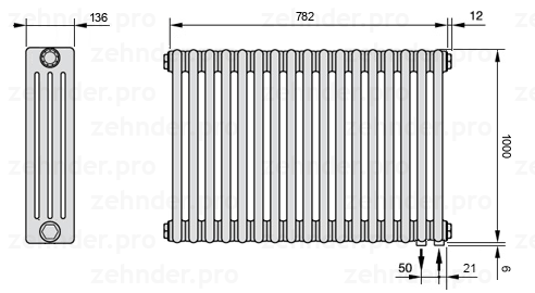 Схема (чертеж) Радиатор Zehnder Charleston 4100/17 №5510 Белый глянцевый RAL 9016